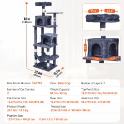 SucceBuy Cat Tree for Indoor Cats 63" Cat Tower with 2 Cat Condos Sisal Scratching Post Large Cat Furniture Activity Center