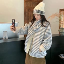 Korean Sweet Two Side Wear Padded Jacket Women Fleece Lined Thick Warm Parkas Woman Lazy Style Stripe Scarf Winter Jackets