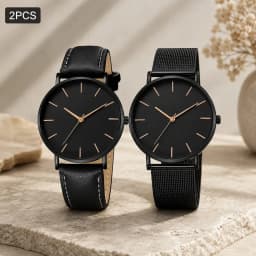 Luxury Simple Couple Watches Set 2Pcs Thin Round Dial Mesh Strap & Leather Band Quartz Wristwatches For Men Women Couple Gift