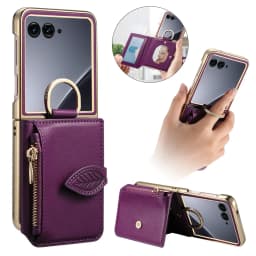 Luxury Zipper Leaf Magnetic Ring Holder Mirror Cards Solt Leather Phone case For Motorola Razr 60 50 Ultra Shockproof Cover