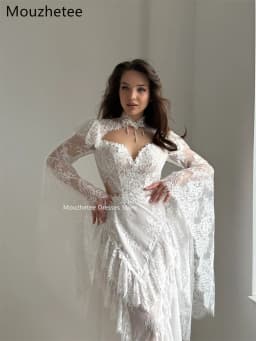Mouzhetee A-Line Elegant Backless Lace Appliques Wedding Dresses Long Sleeve Brides Gown Custom Made 2026