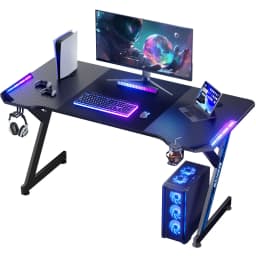 Gaming Desk with RGB LED Lights, Carbon Fiber Surface Gaming Table, Y‑Shaped Game Computer Desk with Cup Holder & Headphone Hook, Adjustable Leveling Feet for Home Office Gaming Room