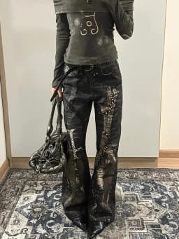 Large American Hot Girls Snake Skin Printing Patchwork Denim Pant New Slim Straight Slight Flare Gothic Punk Black Long Trousers