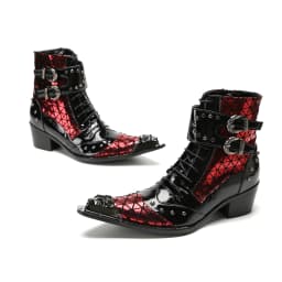 British Punk Style Men Short Ankle Boots High Heels Rivets Pointed Toe Dress Shoes Shiny Leather Mixed Color Zapatos Para Hombre