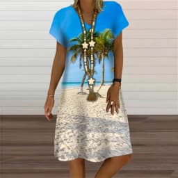 Natural Scenery Summer Tropic Beach Style 3D Print Dresses For Women Oversized Short Sleeve Loose Clothing Casual V-Neck Dress