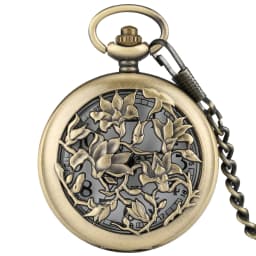 Vintage Bronze Flowers Quartz Analog Pocket Watch Gift Men Women Necklace Pendant Pocket Clock Arabic Numerals Dial Retro Watch