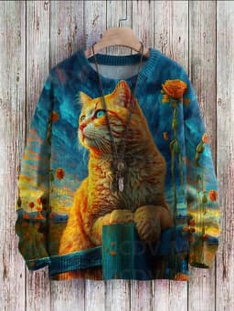 Cute Black Cat Flower Birds Art Pattern Print Casual Knit Pullover Sweater Classic Sweater Men's For Women's Pullover