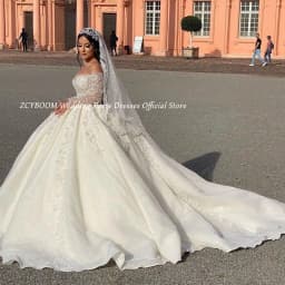 Customized V-Neck Off The Shoulder Sequin Appliques White Wedding Dress 2026 Ball Gown Floor Length Long Sleeves Bridal Gown