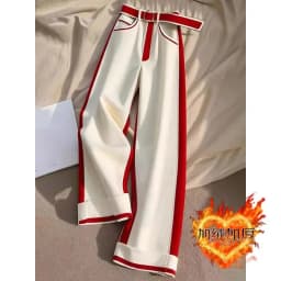 White Red Patchwork Thicked Warm Pants for Women Y2k Straight Loose Wide Leg Pants 2025 Spring New High Waist Trousers