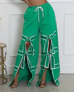 CM.YAYA Fashion Women Striped Patchwork Bowknot Split Wide Leg Jogger Pants 2025 Summer Active Sporty Classic Trousers