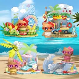 Original Sanrio Building Blocks Hello Kitty Coastal Holiday Series DIY Cartoon Street View Decoration Model Fans Toys Gift