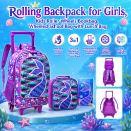 3PCS Rolling Backpack for Girls, Kids Roller Wheels Bookbag, Wheeled School Bag with Lunch Bag - Mermaid