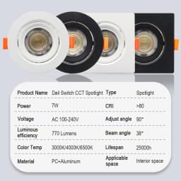 10pcs CCT Spot Downlight Recessed LED Ceiling Light 3 Color Adjusted AC100-240V Dial Swich 3000K/4000K/6500K Indoor Lighting