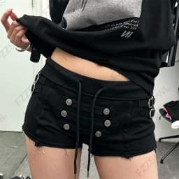 Y2K Coquette Low Waist Mini Shorts Cuffed Hem Striped Solid Black Twill Button Pocket Vintage Street Daily Hot Pants