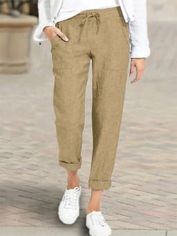 Plus-Size Solid-Color Drawstring High-Waisted Pocket Casual Pants—Casual Everyday Wear, Simple Elastic-Waist Pants