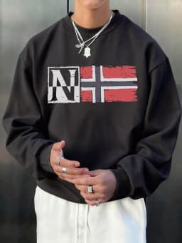 N Artistic Characters And Flag Print Pullover Men Autumn Loose Hoody Casual Fleece Soft Sweatshirt All-Match O-Neck Long Sleeve