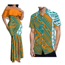 2024 New Hawaiian Gradient Polynesian Island Couple Set Women'S Off-The-Shoulder Dress Party Fishtail Skirt With Men'S Shirt