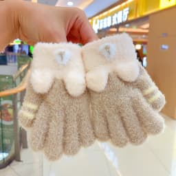 3-6 Years Winter Fuzzy Plush Gloves 3D Plush Animal Ears Color‑Block Windproof Warm Full Finger Gloves For Toddler Boys Girls