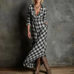 Retro Plaid Print Button Lapel Shirt Long Dresses Woman Spring Sexy High Waist Pocket Party Dress Long Sleeve Loose Autumn Dress