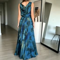 Elegant Blue Ombre Tie-dye Printed Off Shoulder Maxi Dress Satin Cowl Neck Tie Draped Dresses Party Wedding Luxury Evening Gowns
