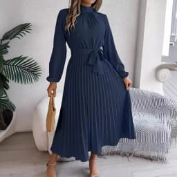 Solid Stand up Collar Bridesmaid Dress Spring Summer Casual Elegant Long Sleeve Waist Cinched Pleated Long Dresses for Women