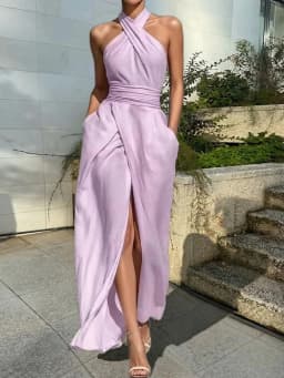 Women Summer Sleeveless Maxi Dress Elegant Split Halter Neck Chic Party Dress Solid Color Simple Fashion Streetwear for Holiday
