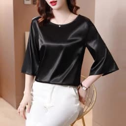 2026 Spring and Autumn New All-match O-neck Three-quarter Flared Sleeve Acetate Satin Blouse tops Basic Simple Ice Silk Shirts