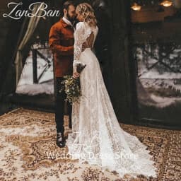 ZanBan Customized Long Sleeves Floral Lace V Neck Boho Wedding Dress Deep V Neck Open Back Modest Rustic Civil Bridal Gown 2025
