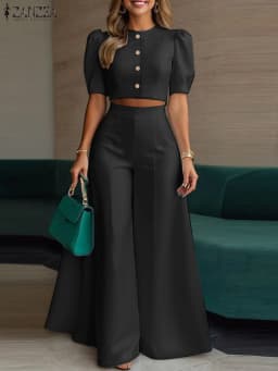 ZANZEA Women's Pant Sets 2 Piece Elegant Chic Short Crop Tops & Wide Leg Pants Two Piece Outfits Trouser Suits Woman Clothes 3XL