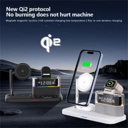 Qi2 5 In 1 Magnetic Wireless Charger Stand LED Night Light Alarm Clock for Samsung iPhone IWatch Airpods Fast Charging Station