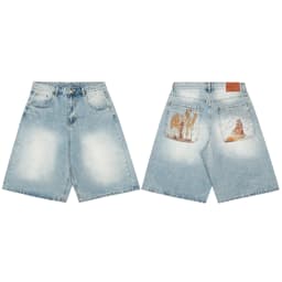 Masked Goddess Embroidered Flowered Jens Shorts for Men and Women High Street Washed Baggy Casual Five Point Denim Pants