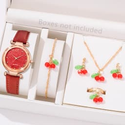 5/6 PCS/Set Red Women's Watch With Minimalist Elements Dial Quartz Watch Latex Strap Cherry Elements Jewelry Set Girl's Gift