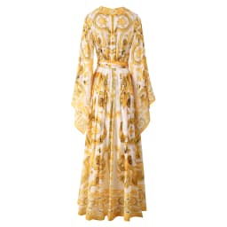 Wein Lady Women's Chiffon Silk Printed Large Swing V-neck Flying Sleeves Yellow Porcelain Dress Cross-border Women's Long Skirt