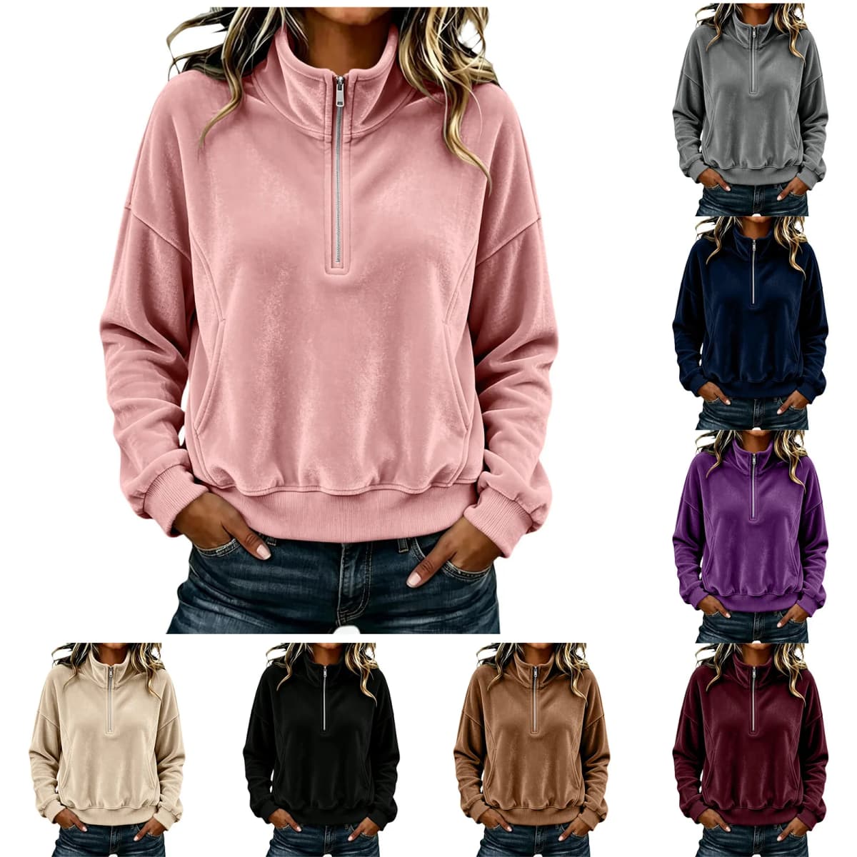 Womens Quarter Zip Pullover Long Sleeve Velvet Sweatshirt Soft Cozy Lightweight Fall Winter Outfits Casual Loose Color Hoodie