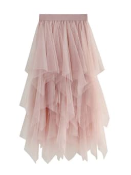Women Sweet Midi Spring And Summer High Waist Solid Asymmetrical Elegant Chic White Mesh Tulle Skirts Faldas