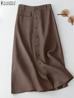 ZANZEA  Elegant Cotton Midi Skirts Casual Button Up A-line Skirt Women High Waist Jupe 2024 Summer Solid Temperament Falda Mujer