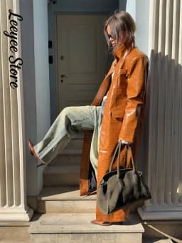 Crocodile Embossed Faux Leather Long Jackets Chic Wide Lapel Belted Waist Quarter Sleeve Loose Coat Women Street Chic Outfits