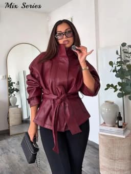 Fashion Solid Faux Leather Jackets Women's Stand Collar Full Sleeves Belted Jacket 2026 Autumn New Lady Casual Streetwear