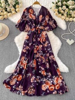 Summer Women Red/White/Yellow Floral Printed Irregular Ruffle Long Dress Vintage V-Neck Puff Sleeve Elegant Dress With Belt New
