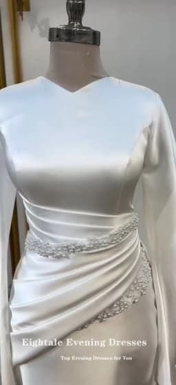 Eightale Arabic Wedding Dress V-Neck Customized White Ivory Mermaid Long Sleeves Beaded Muslim Satin Bridal Gown Robe De Mariée