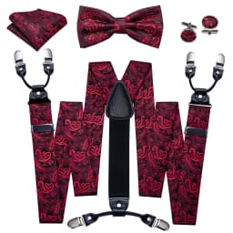 Burgundy Black White  Mens Suspender Adjustable 6 Clips Jacquard Braces Bowtie Hanky Cufflinks Set Silver Gold