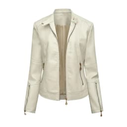Lady Faux Leather Jacket Solis Color Buttons Decor Long Sleeve Biker Coat Windproof Slim Lady Coat For Motorcycle Riding