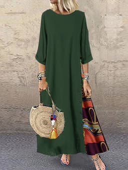 Women Vintage Print Patchwork Maxi Dress Boho 3/4 Sleeve Oversized Long Dress Casual Harajuku O Neck Loose Dress Elegant Robe