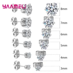 925 Sterling Silver Stud Earring Cubic Zircon Rhinestone Claw Setting Jewelry for Man Woman 3/4/5/6/7/8MM Mix Size 6 Pairs