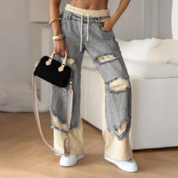 Summer Women's Large Hole Patchwork Jeans High Waist Wide Legs Trousers Cool Girl Casual Bottoms Female Denim Pants