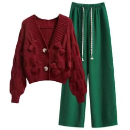 Two Piece Set For Women New In Sweater Matching Sets Korean Sweet Bow Outfit Long Sleeve Cardigan Knitwear Wide Leg Pants Set