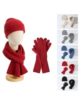 Wool Beanie Scarf And Glove Sets Knit Ribbed Three Piece Set Winter Accessories
