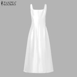 ZANZEA Women's Silky Satin Wedding Guest White Maxi Dress Elegant Square Neck Sleeveless Evening Gown Graceful Party Robes Femme