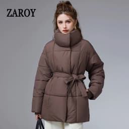 ZAROY Women Winter Belted Jacket Elegant Stand Collar Windproof Puffer Coat Cotton Padded Thick Warm Snow Parkas Overcoat куртка
