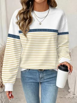 Women's Long Sleeved Round Neck Daily Casual Versatile Pullover Tops 3D Striped Splicing Regular Sweatshirt